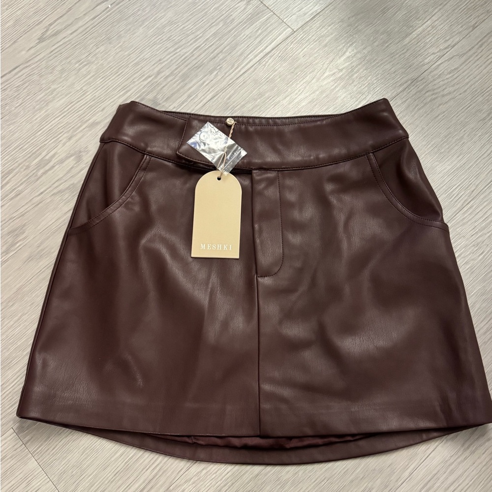 Meshki Kristen Faux Leather Mini Skirt in Dark Chocolate
